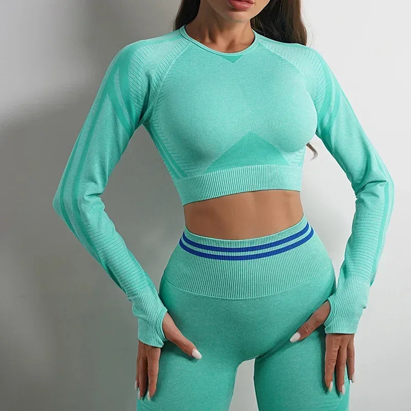 2 Pieces Gym Set Workout Clothes For Women Fitness Long Sleeve Crop Top Seamless Scrunch Butt Leggings Yoga Sport Suits