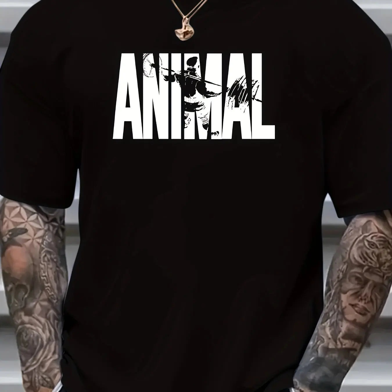 Plus Size Men's Graphic Print "ANIMAL" T-shirt - Men's Clothing Men's Casual Crew Neck T-Shirt Soft Stretch Fabric Short Sleeve