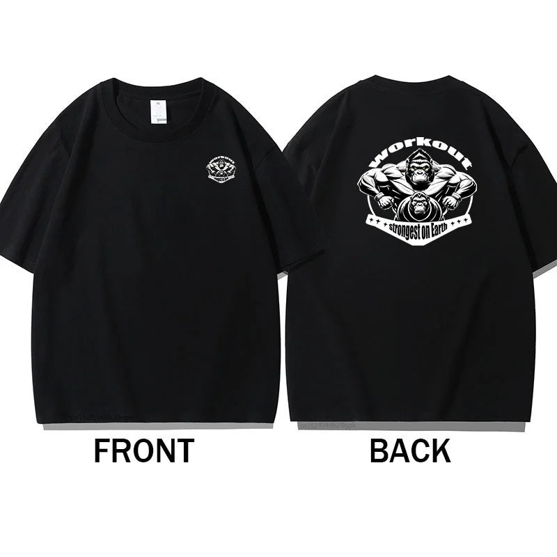 Men's Gym Fitness T-Shirt Summer 100% Cotton T-shirt Barbell Printing Short Sleeves Oversized Running Bodybuilding Sports Wear