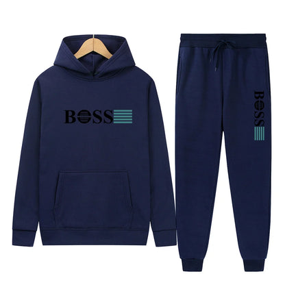 Men's 2025 Gym Solid-Color Long-Sleeved Two-Piece Sportswear Hooded Sweatshirt Casual Wear Set with Pants