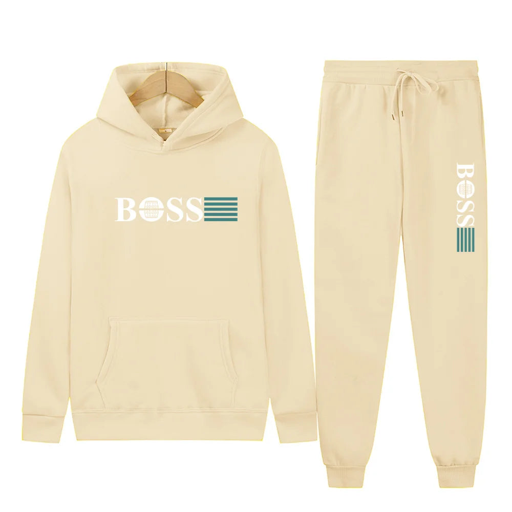 Men's 2025 Gym Solid-Color Long-Sleeved Two-Piece Sportswear Hooded Sweatshirt Casual Wear Set with Pants