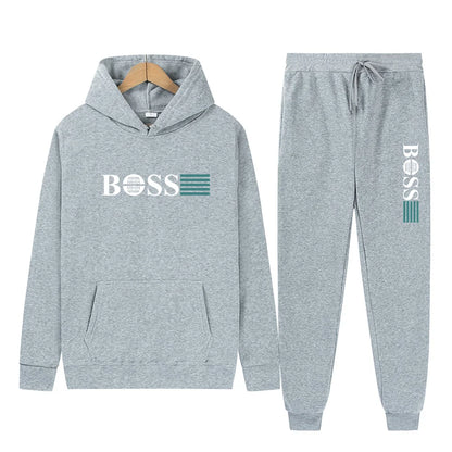 Men's 2025 Gym Solid-Color Long-Sleeved Two-Piece Sportswear Hooded Sweatshirt Casual Wear Set with Pants