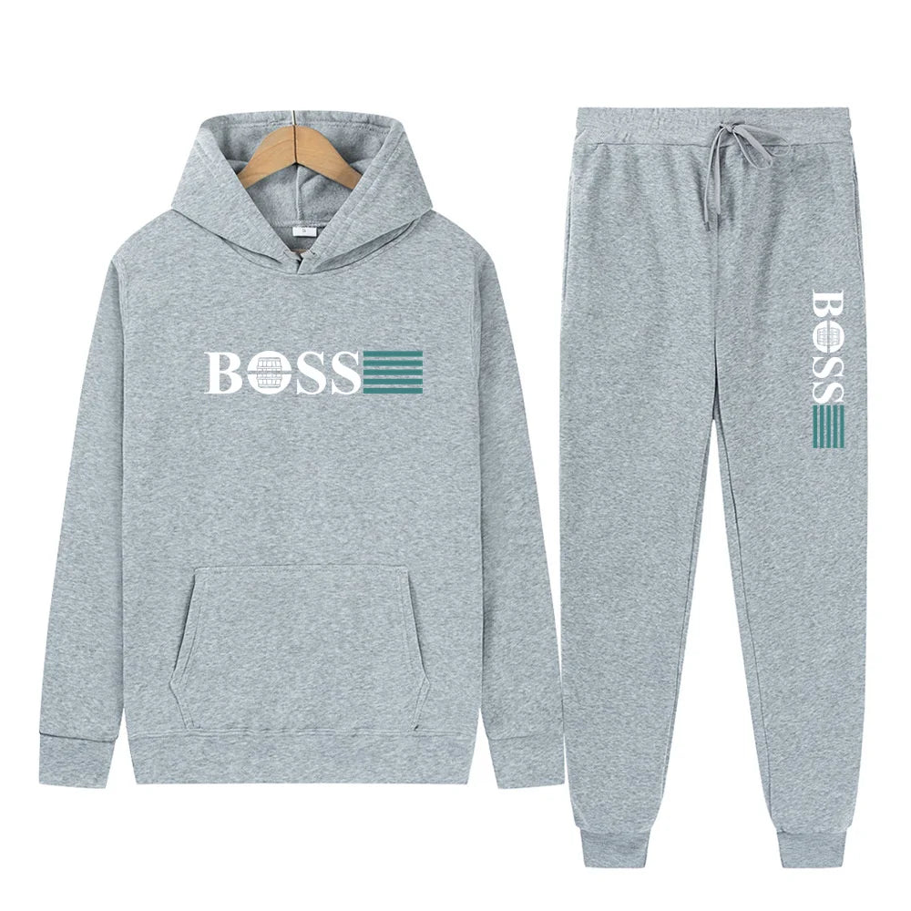 Men's 2025 Gym Solid-Color Long-Sleeved Two-Piece Sportswear Hooded Sweatshirt Casual Wear Set with Pants