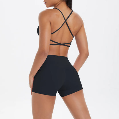 2PCS Yoga Clothes  Halter Yoga Top Set Fitness Gym Suit Crossover Back Sports Underwear Workout Gym Shorts Fitness High Waist