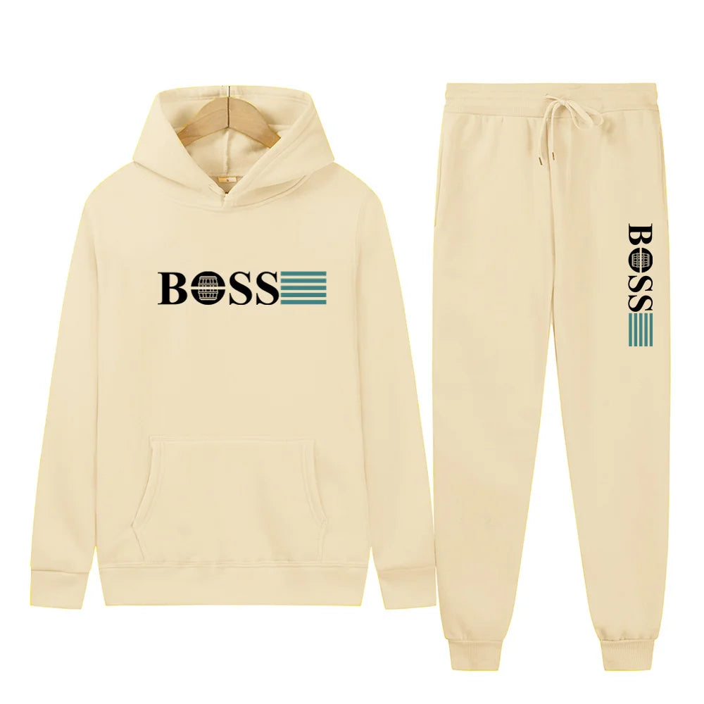 Men's 2025 Gym Solid-Color Long-Sleeved Two-Piece Sportswear Hooded Sweatshirt Casual Wear Set with Pants