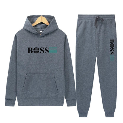 Men's 2025 Gym Solid-Color Long-Sleeved Two-Piece Sportswear Hooded Sweatshirt Casual Wear Set with Pants