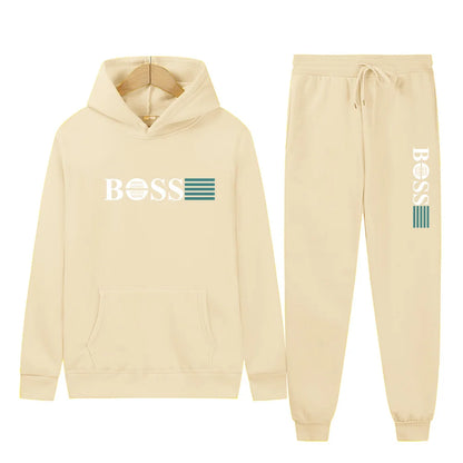 Men's 2025 Gym Solid-Color Long-Sleeved Two-Piece Sportswear Hooded Sweatshirt Casual Wear Set with Pants