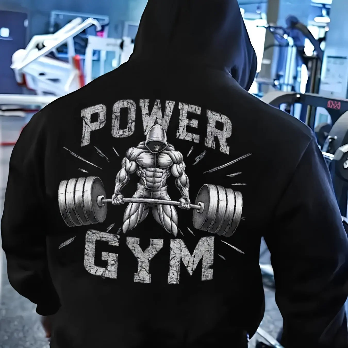 Men's fitness hoodie with muscle display pattern and strength gym letters and pockets, suitable for fitness training