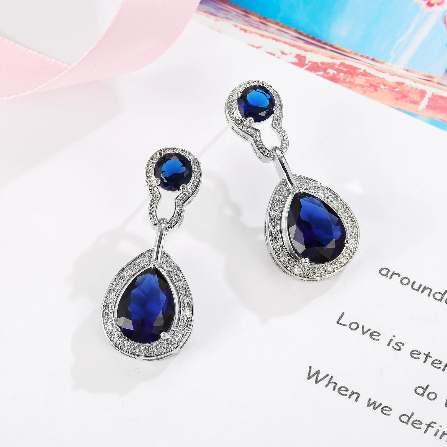 European and American Piano Shape Jeweled Earrings Blue Crystal