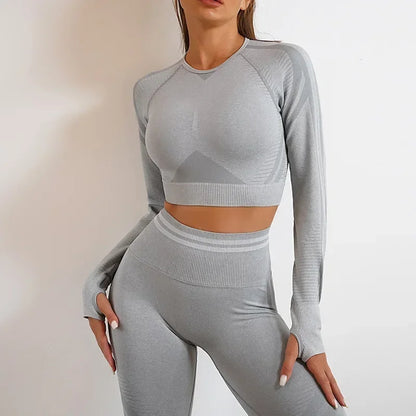 2 Pieces Gym Set Workout Clothes For Women Fitness Long Sleeve Crop Top Seamless Scrunch Butt Leggings Yoga Sport Suits