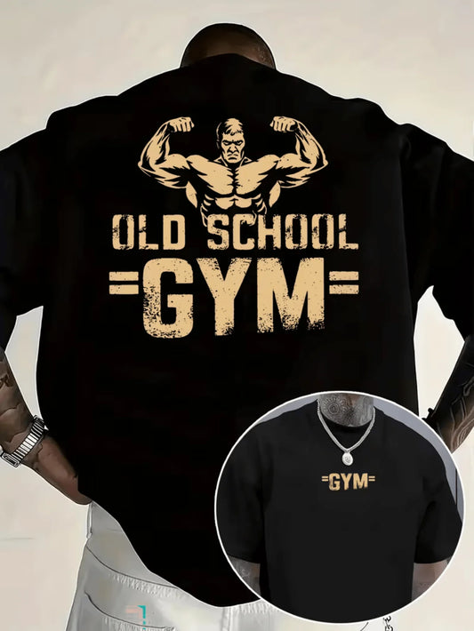 Men's Retro Gym Print T-Shirt Pure Cotton and Breathable Streetwear Oversized Loose Casual Crew Neck Short Sleeve