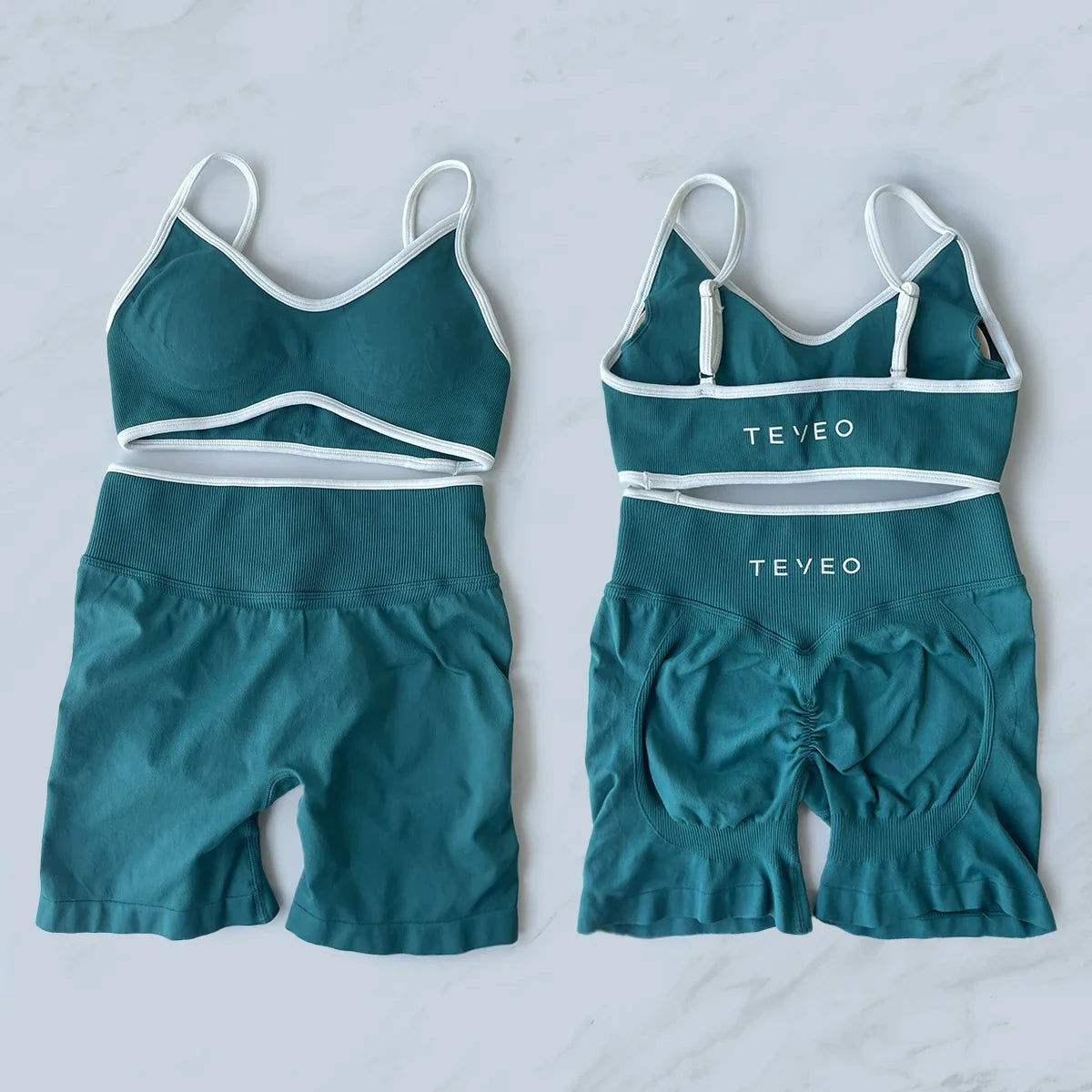 TEVEO Yoga Set 2 Pieces Gym Set Woman Shorts set Workout Clothes Bra set Seamless Scrunch Shorts Yoga Set