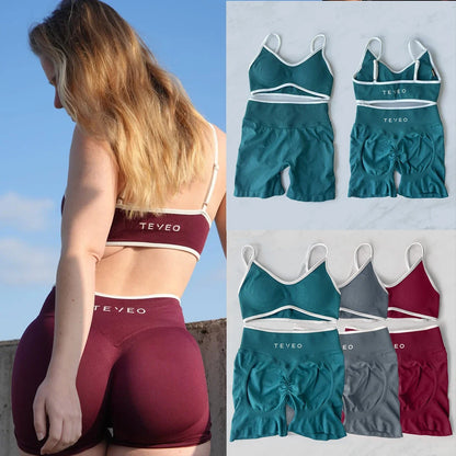TEVEO Yoga Set 2 Pieces Gym Set Woman Shorts set Workout Clothes Bra set Seamless Scrunch Shorts Yoga Set