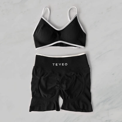 TEVEO Yoga Set 2 Pieces Gym Set Woman Shorts set Workout Clothes Bra set Seamless Scrunch Shorts Yoga Set