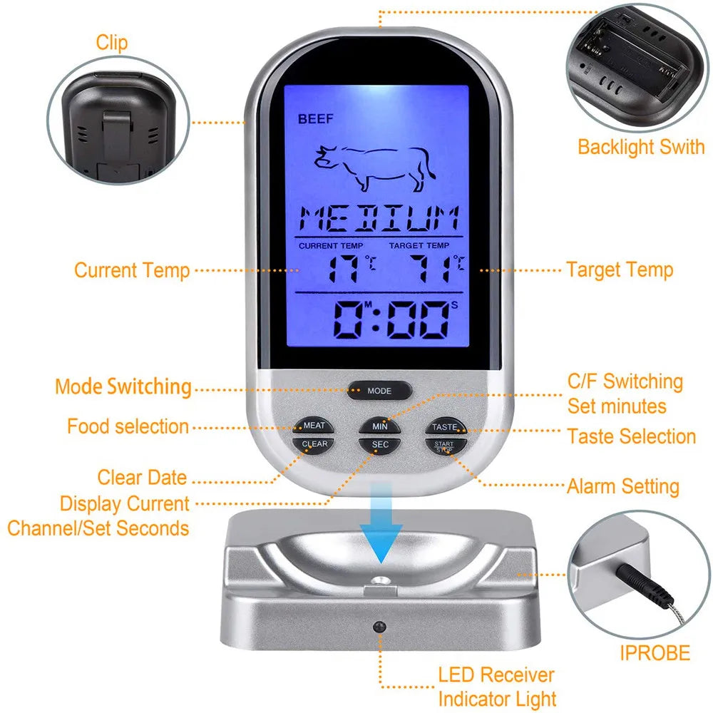 Wireless Digital Probe Meat Thermometer For Grill Smoker BBQ Food Oven Thermometer With Timer Alarm Kitchen Cooking Tools