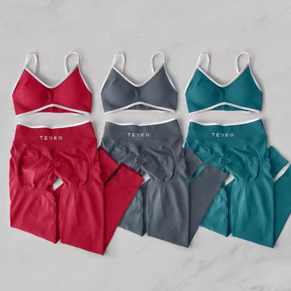 TEVEO 2 Pcs Women's Gym Set Seamless Scrunch Leggings Workout Bra Set Yoga Fitness Clothing Combo