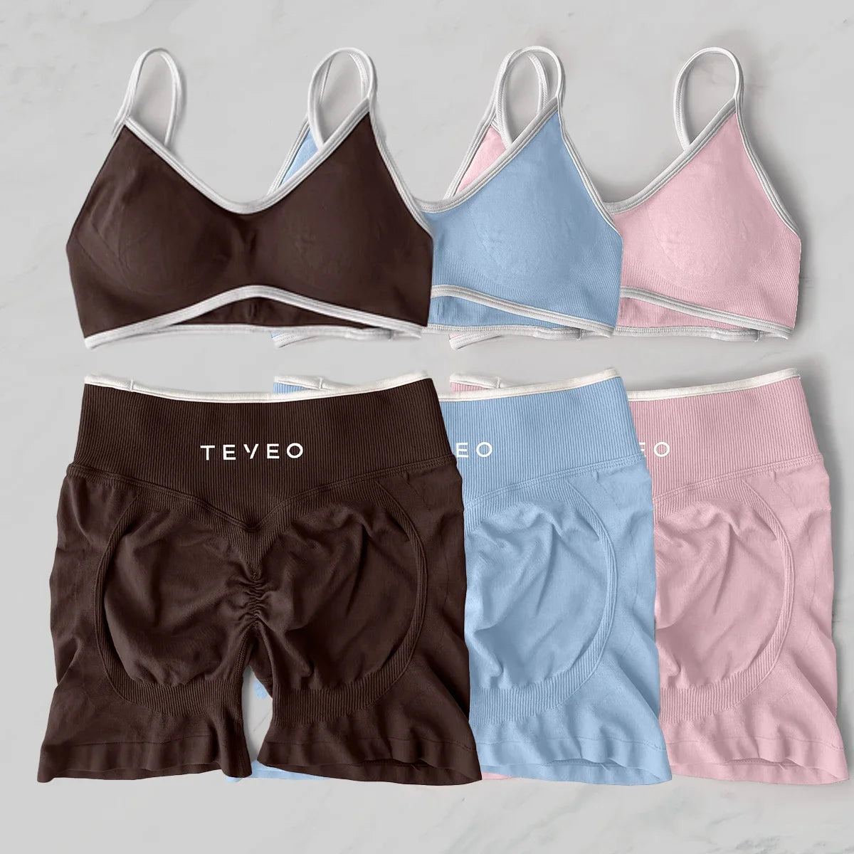 TEVEO Yoga Set 2 Pieces Gym Set Woman Shorts set Workout Clothes Bra set Seamless Scrunch Shorts Yoga Set
