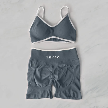 TEVEO Yoga Set 2 Pieces Gym Set Woman Shorts set Workout Clothes Bra set Seamless Scrunch Shorts Yoga Set