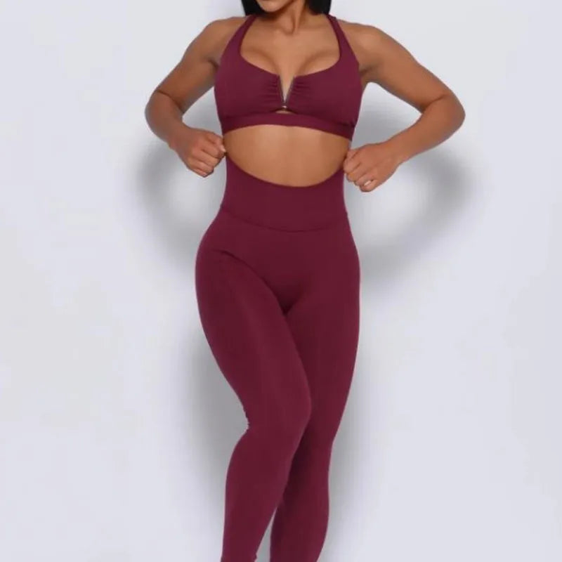 SVEIC Yoga Set Two piece Hollow Sports Bra Cross Back High Waist Leggings Fitness Workout Women's Tracksuit Gym Outfits Clothing