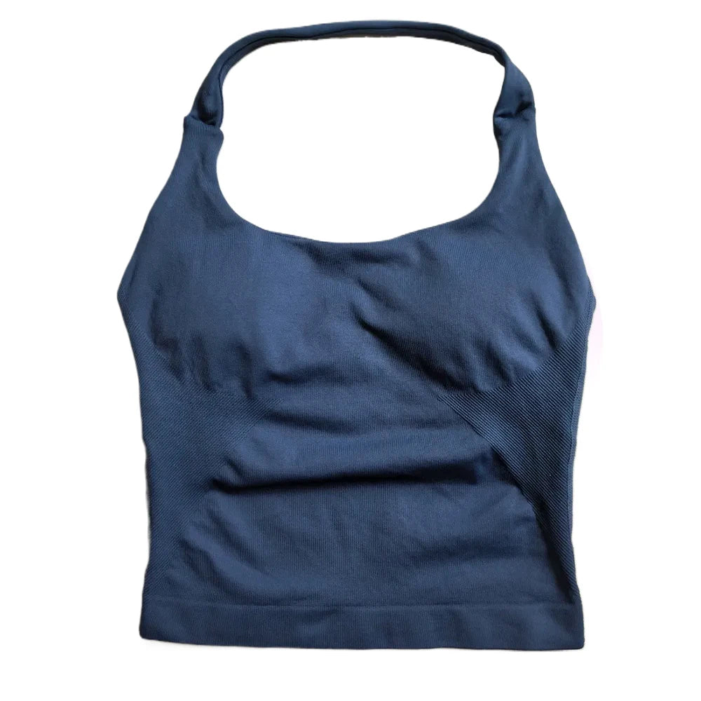 Gym Top Women Clothes Strappy Workout Tank Top Padded Sports Bra Backless Yoga Shirts Seamless Gym Crop Top Halter Fitness Vest