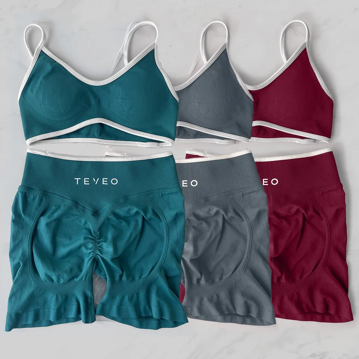 TEVEO Yoga Set 2 Pieces Gym Set Woman Shorts set Workout Clothes Bra set Seamless Scrunch Shorts Yoga Set