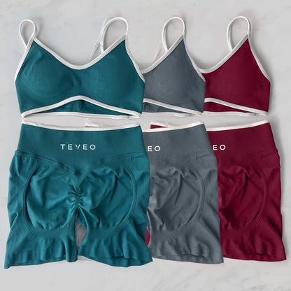 TEVEO Yoga Set 2 Pieces Gym Set Woman Shorts set Workout Clothes Bra set Seamless Scrunch Shorts Yoga Set