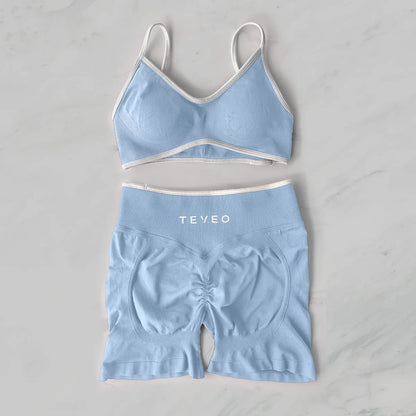 TEVEO Yoga Set 2 Pieces Gym Set Woman Shorts set Workout Clothes Bra set Seamless Scrunch Shorts Yoga Set