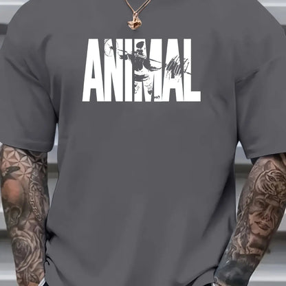 Plus Size Men's Graphic Print "ANIMAL" T-shirt - Men's Clothing Men's Casual Crew Neck T-Shirt Soft Stretch Fabric Short Sleeve