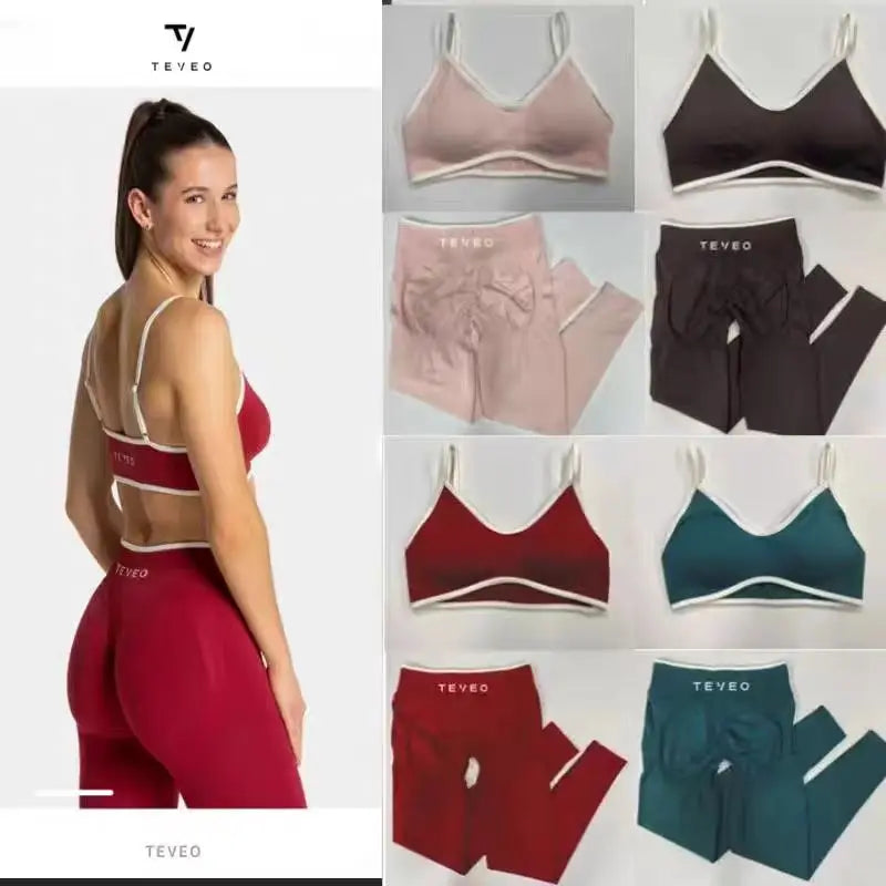 TEVEO 2 Pcs Women's Gym Set Seamless Scrunch Leggings Workout Bra Set Yoga Fitness Clothing Combo