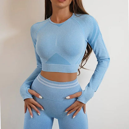 2 Pieces Gym Set Workout Clothes For Women Fitness Long Sleeve Crop Top Seamless Scrunch Butt Leggings Yoga Sport Suits