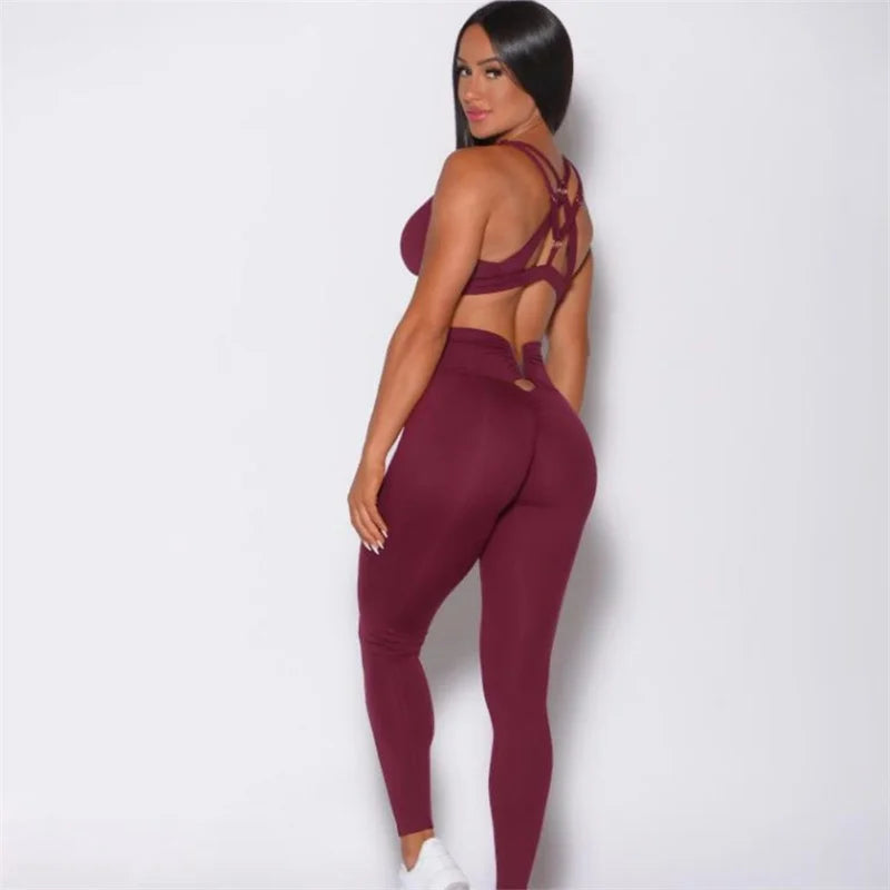 SVEIC Yoga Set Two piece Hollow Sports Bra Cross Back High Waist Leggings Fitness Workout Women's Tracksuit Gym Outfits Clothing