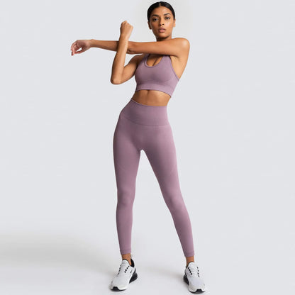 Women's Seamless Yoga Set Fitness Crop Top & Tummy Control High Waist Leggings with Built-in Bra Workout for Pilates Gym Running