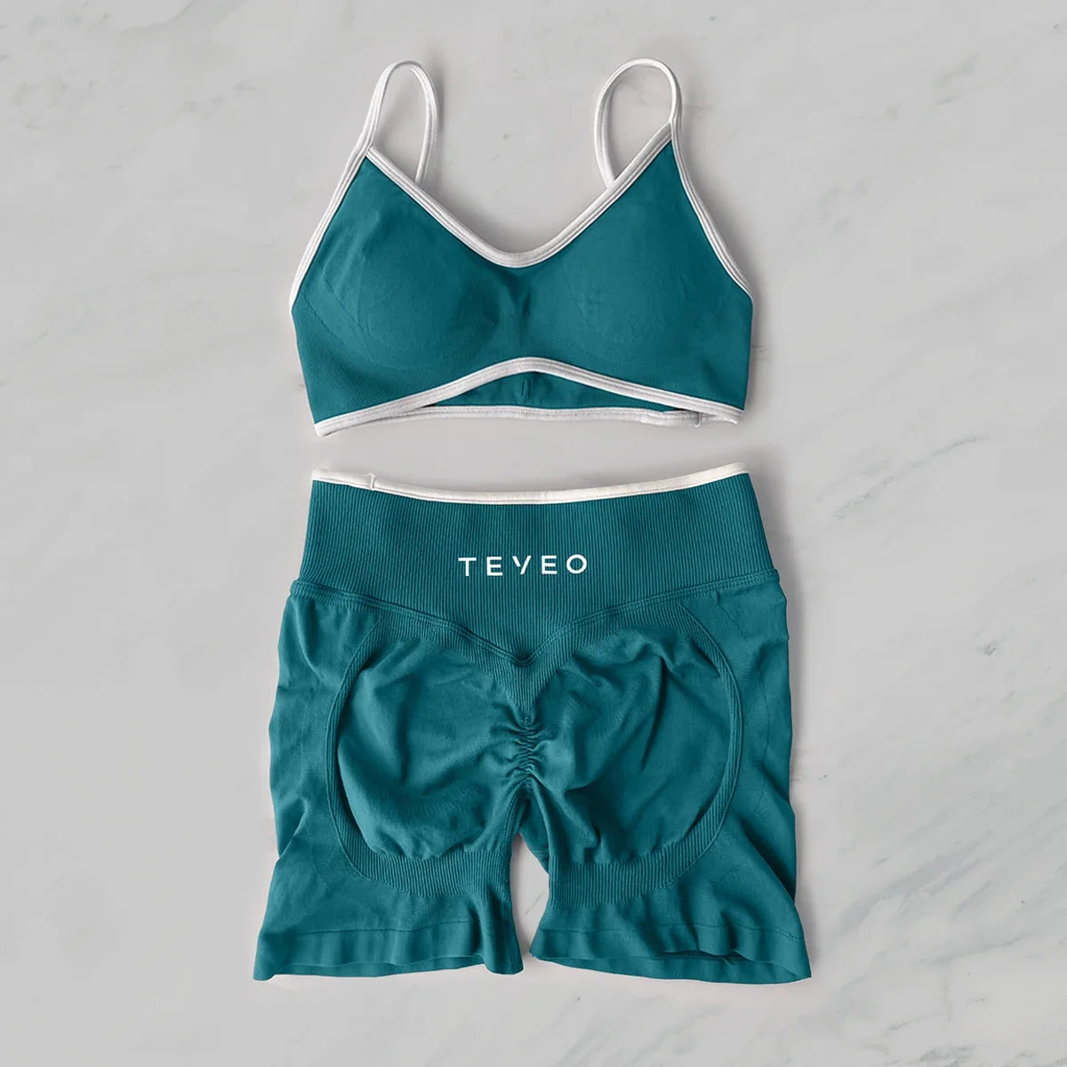 TEVEO Yoga Set 2 Pieces Gym Set Woman Shorts set Workout Clothes Bra set Seamless Scrunch Shorts Yoga Set