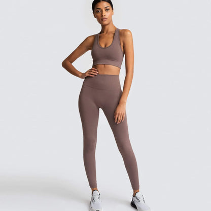 Women's Seamless Yoga Set Fitness Crop Top & Tummy Control High Waist Leggings with Built-in Bra Workout for Pilates Gym Running