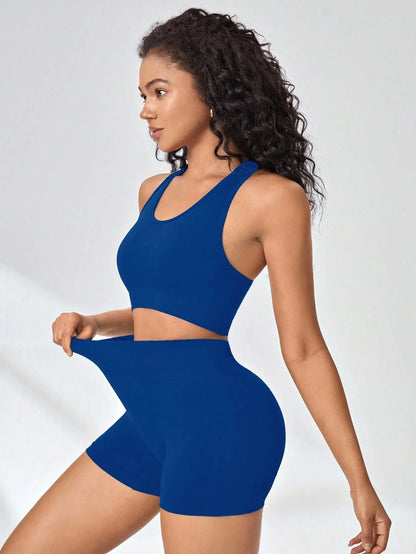 Women Yoga Set Bra Shorts Set Seamless Fitness Tracksuit Gym Running Shorts Sports Set Workout Shockproof Vest Outfit