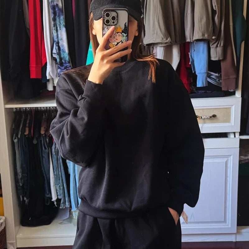Women Hoodie Pullover Round Neck Top Cotton Comfortable Solid Color Round Neck Pullover Long Sleeve Sports Hoodie Casual Unisex