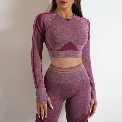 2 Pieces Gym Set Workout Clothes For Women Fitness Long Sleeve Crop Top Seamless Scrunch Butt Leggings Yoga Sport Suits
