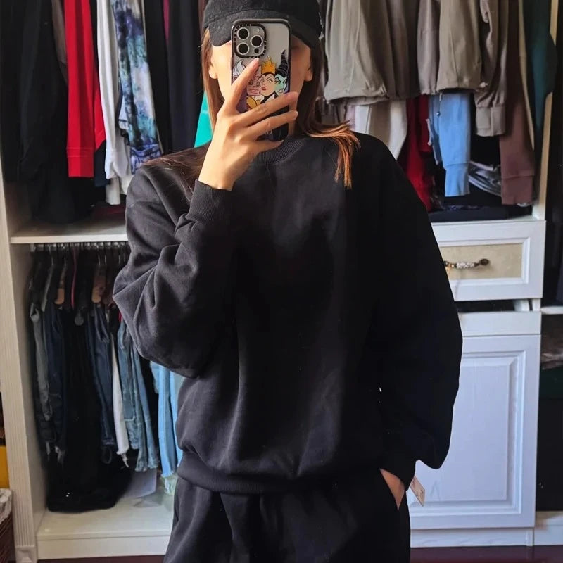 Women Hoodie Pullover Round Neck Top Cotton Comfortable Solid Color Round Neck Pullover Long Sleeve Sports Hoodie Casual Unisex