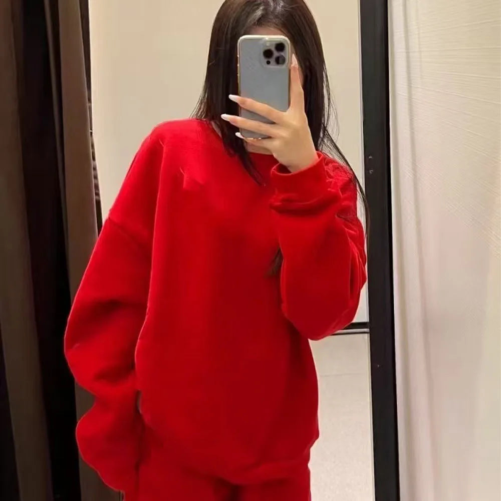 Women Hoodie Pullover Round Neck Top Cotton Comfortable Solid Color Round Neck Pullover Long Sleeve Sports Hoodie Casual Unisex