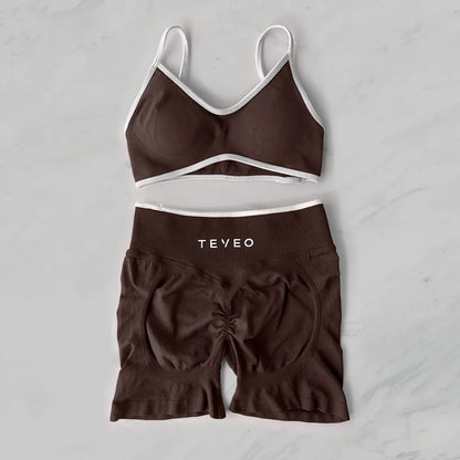 TEVEO Yoga Set 2 Pieces Gym Set Woman Shorts set Workout Clothes Bra set Seamless Scrunch Shorts Yoga Set