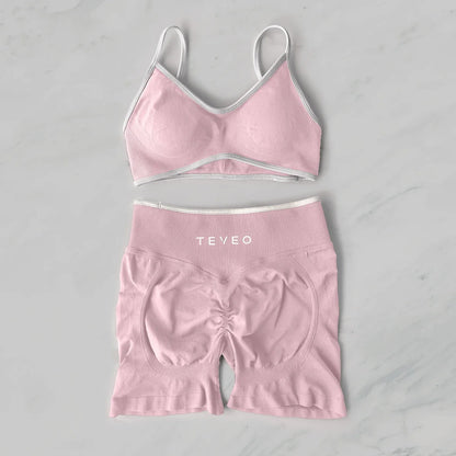 TEVEO Yoga Set 2 Pieces Gym Set Woman Shorts set Workout Clothes Bra set Seamless Scrunch Shorts Yoga Set