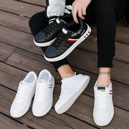 Men Korean Trend Fashion Lace Up All-match PU Leather Casual Comfortable Walking Board Shoes Chaussure Blanche