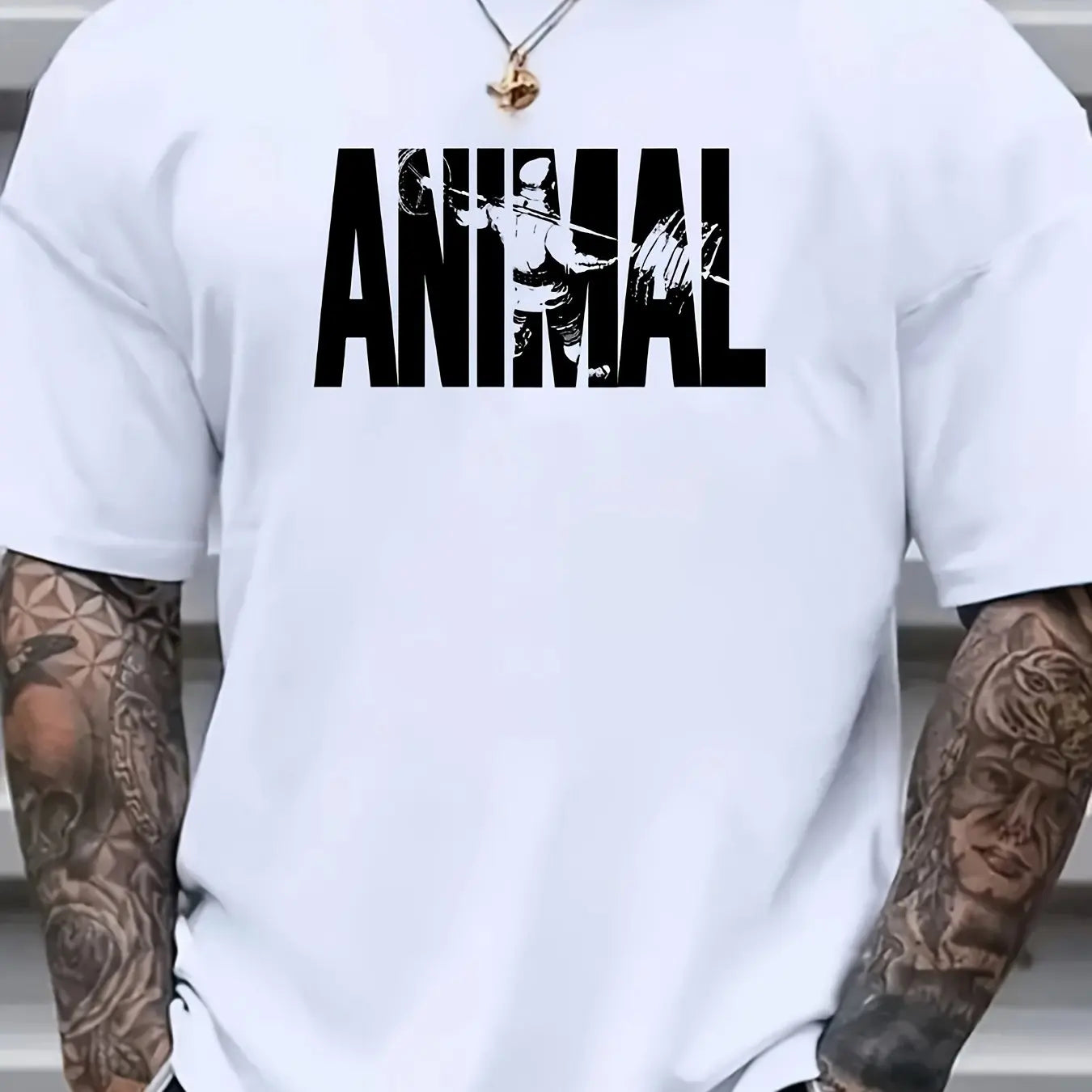 Plus Size Men's Graphic Print "ANIMAL" T-shirt - Men's Clothing Men's Casual Crew Neck T-Shirt Soft Stretch Fabric Short Sleeve