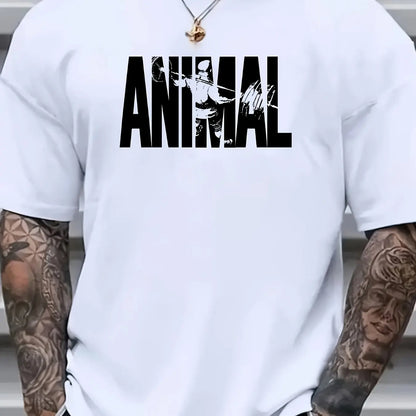 Plus Size Men's Graphic Print "ANIMAL" T-shirt - Men's Clothing Men's Casual Crew Neck T-Shirt Soft Stretch Fabric Short Sleeve