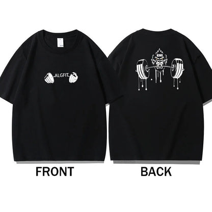 Men's Gym Fitness T-Shirt Summer 100% Cotton T-shirt Barbell Printing Short Sleeves Oversized Running Bodybuilding Sports Wear