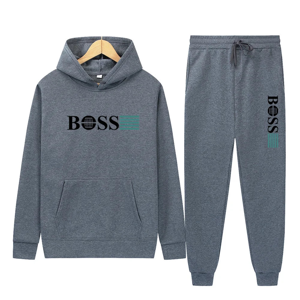 Men's 2025 Gym Solid-Color Long-Sleeved Two-Piece Sportswear Hooded Sweatshirt Casual Wear Set with Pants