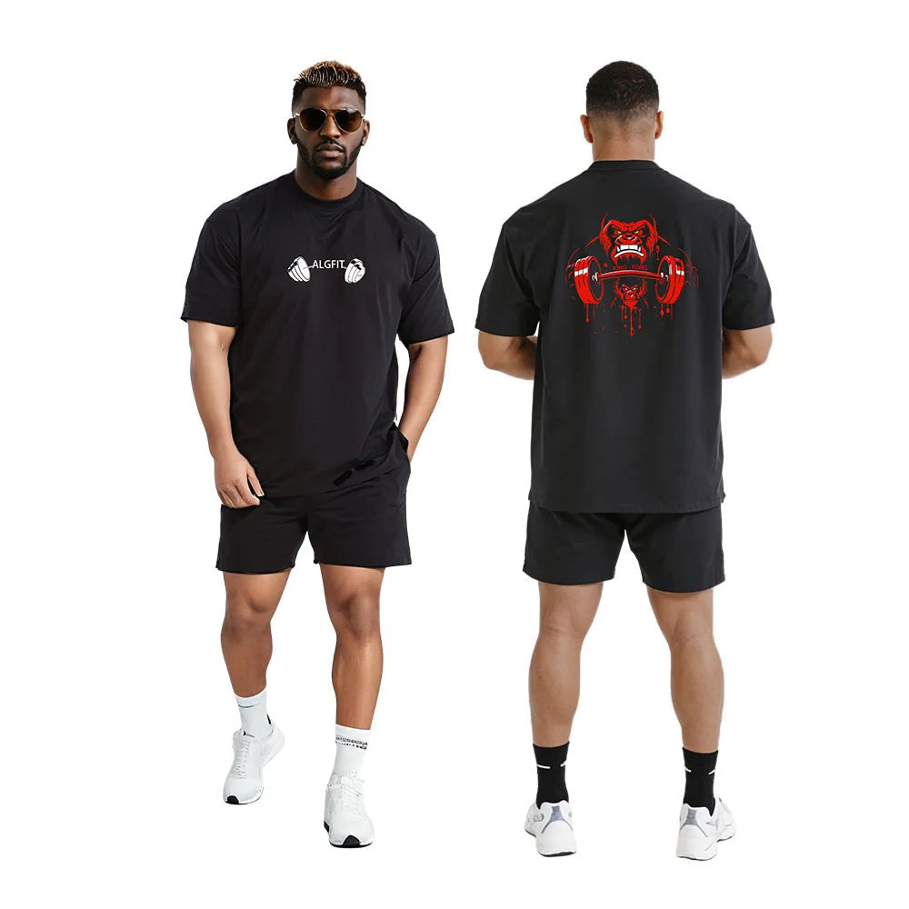 Men's Gym Fitness T-Shirt Summer 100% Cotton T-shirt Barbell Printing Short Sleeves Oversized Running Bodybuilding Sports Wear