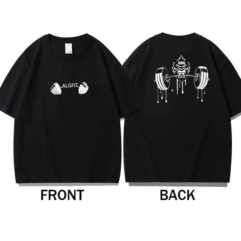 Men's Gym Fitness T-Shirt Summer 100% Cotton T-shirt Barbell Printing Short Sleeves Oversized Running Bodybuilding Sports Wear