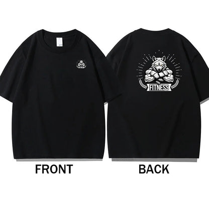 Men's Gym Fitness T-Shirt Summer 100% Cotton T-shirt Barbell Printing Short Sleeves Oversized Running Bodybuilding Sports Wear